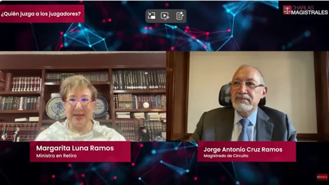 Jorge Antonio Cruz Ramos, magistrado de Circuito, ex consejero de la Judicatura Federal, en conversación con la ministra en retiro Margarita Luna Ramos